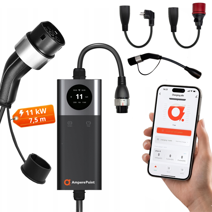 Přenosná nabíječka Q11 PRO (16A, Typ 2, 11kW) + 3x adaptéry