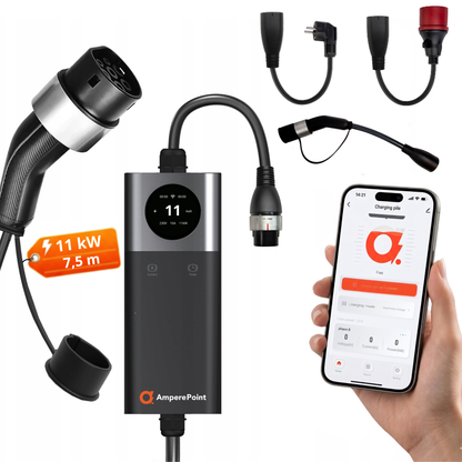 Přenosná nabíječka Q11 PRO (16A, Typ 2, 11kW) + 3x adaptéry