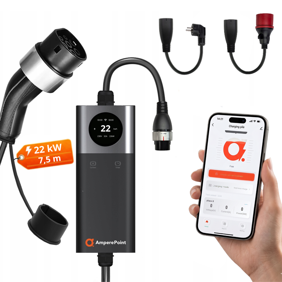 Přenosná nabíječka Q22 PRO (32A, Typ 2, 22 kW) + 2× adaptéry