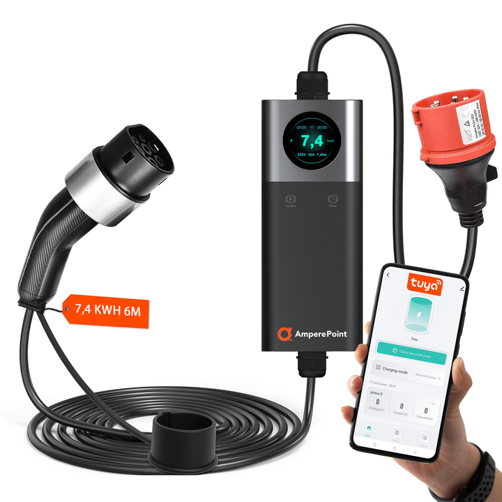 Přenosná nabíječka Q74 (32A, Typ 2, 7,4 kW) mobilní aplikace